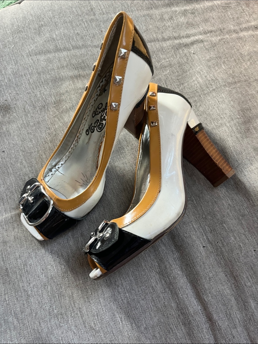 White, Black & Tan Peep-Toe Block Heel Pumps with Studs
